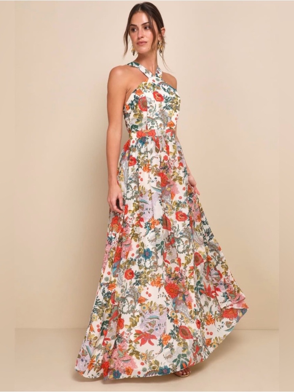 Lulus Lilia Floral Maxi Dress Halter, Size Large